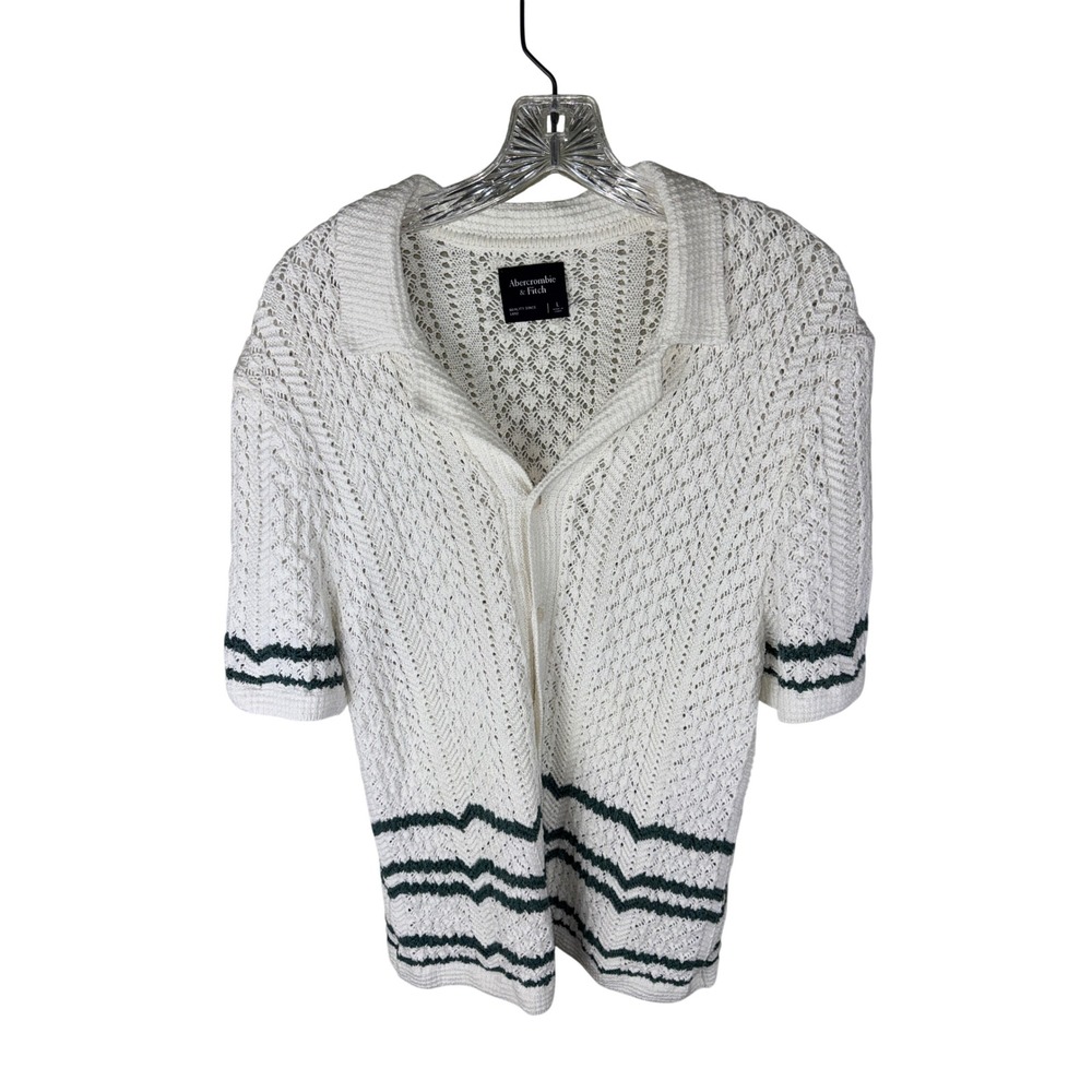Abercrombie & Fitch Mens Large White Crochet Knit Striped Button Up Polo Shirt